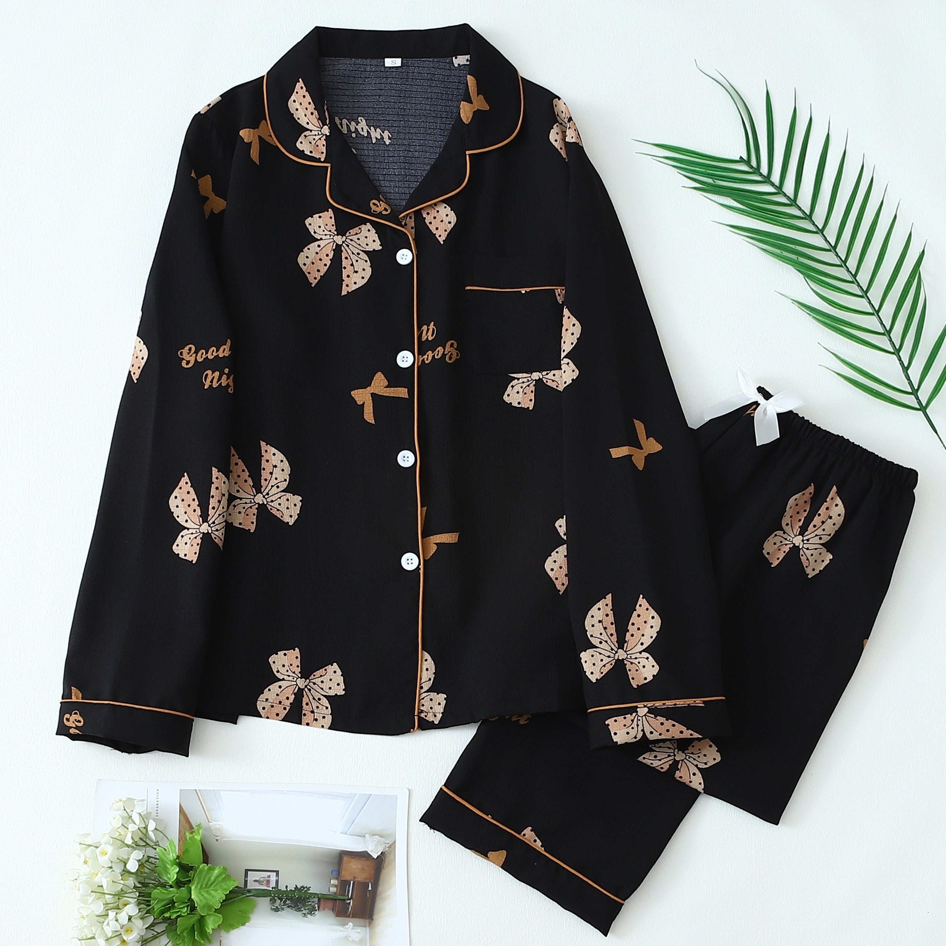 Teen Girl Pajama Set with Bow Print Soft Polyester Lounge Sleepwear