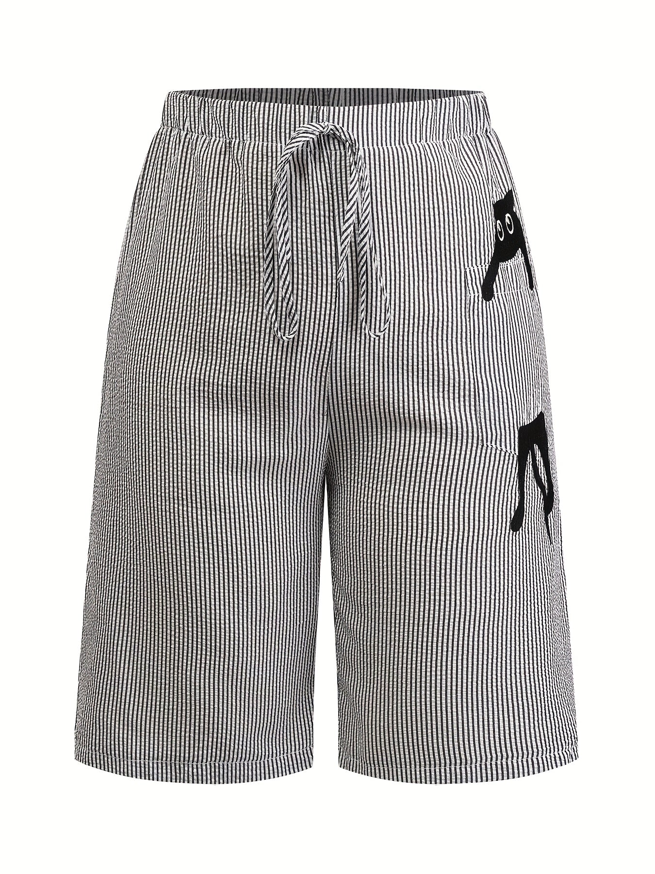 Брюки для женщин больших размеров с вышитым котом и полосками, длиной до середины бедра, серые, с ребристой тканью и шнурком, летний отпуск