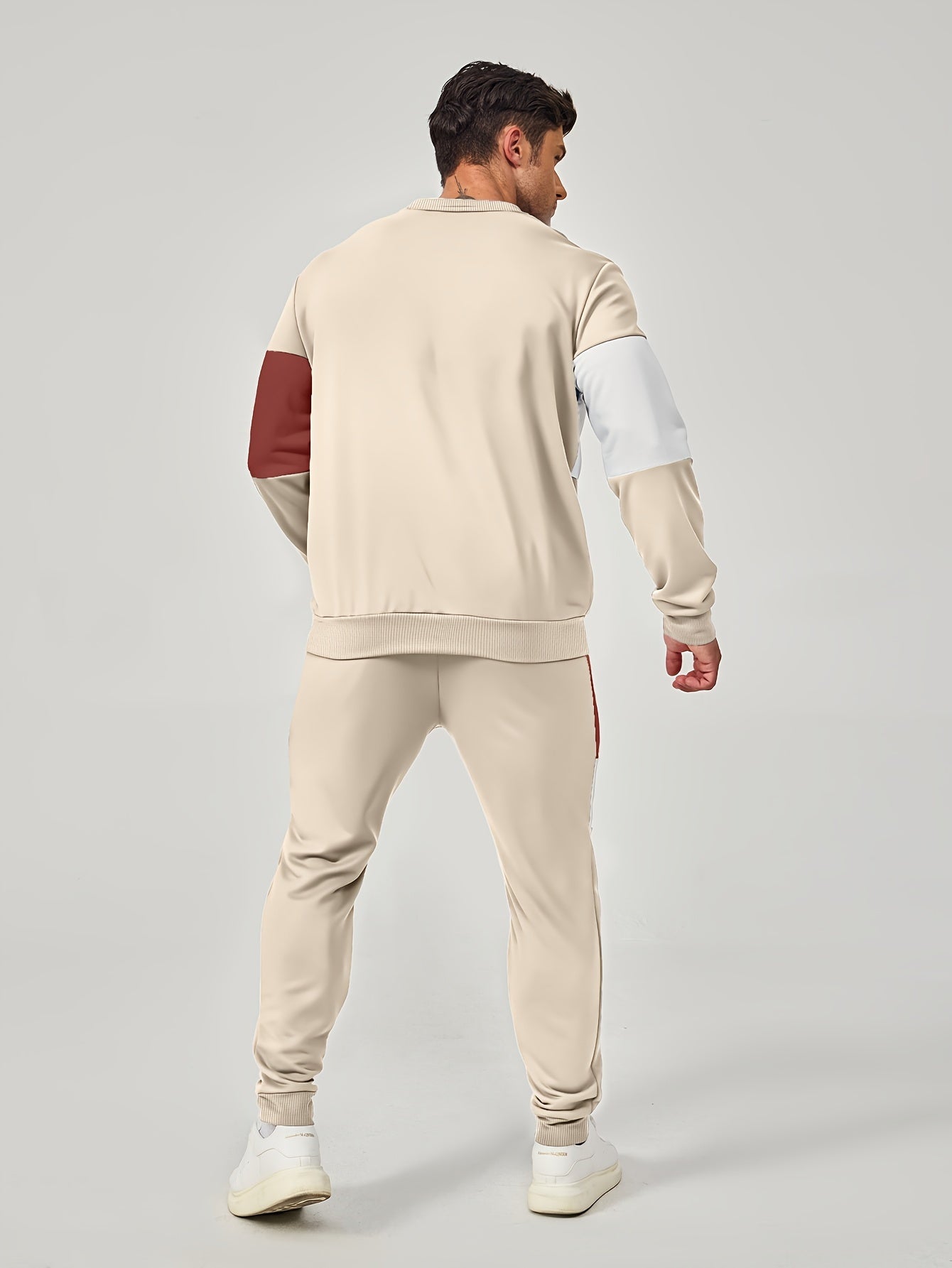 Men's Color Block Polyester Crew Neck Sweatshirt and Joggers Set for Spring and Fall