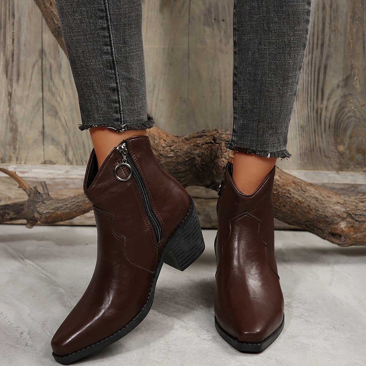 Women's Faux Cover Block Heel Ankle Boots Brown Pointed Toe Non-Slip Rubber Sole