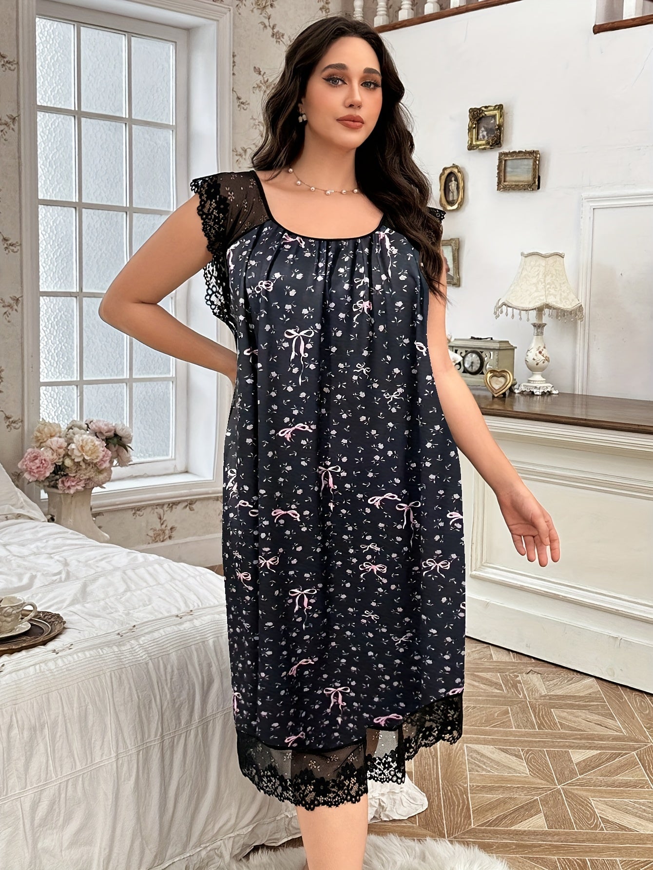 Women's Navy Blue Floral Sleep Dress with Lace Trim Nightgown