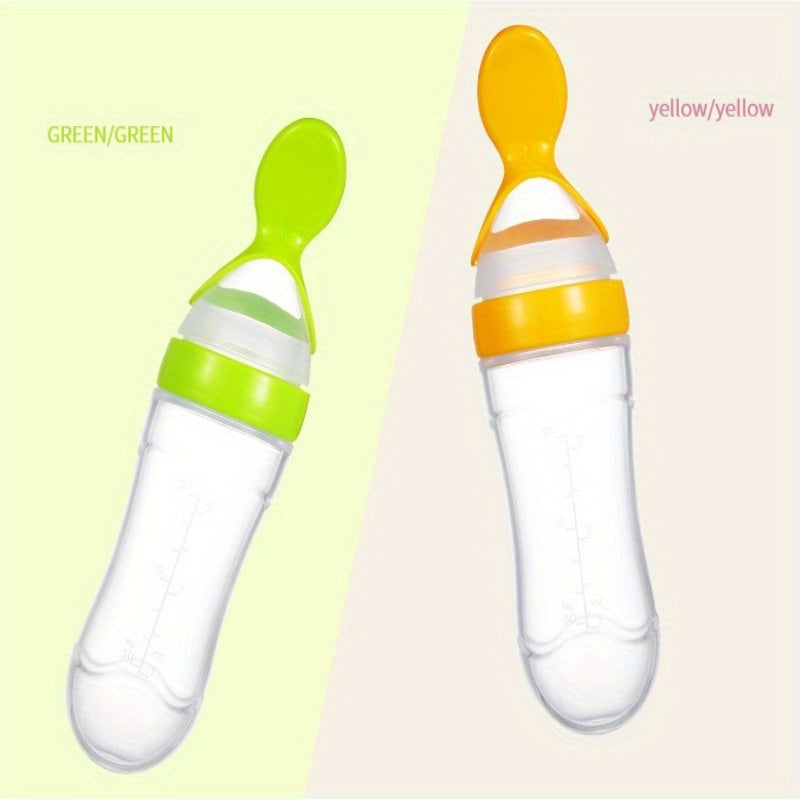 Bolsita de silicona para comida infantil con cuchara exprimible, acentos en amarillo y azul