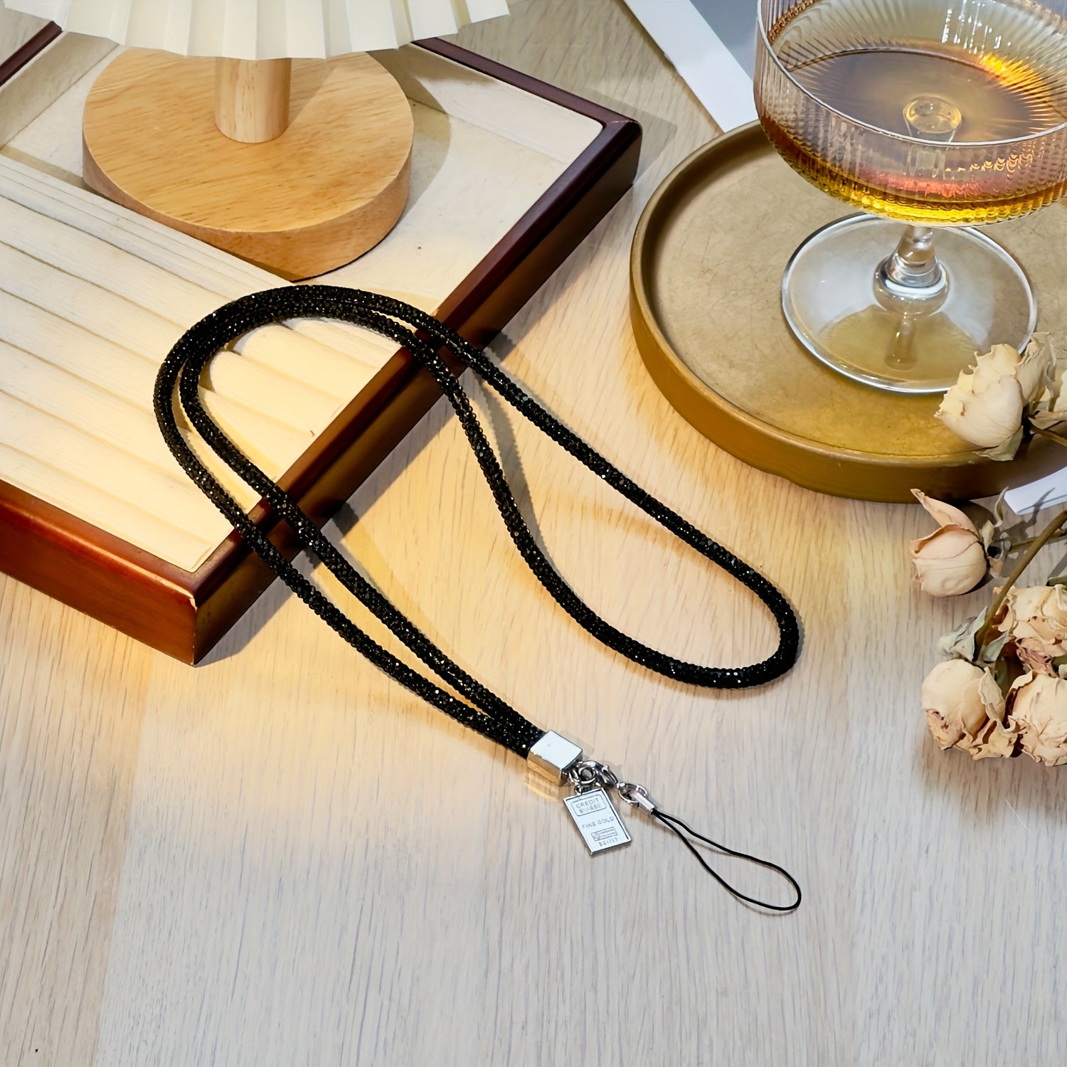 Chic Crystal Necklace Phone Holder for Women with Keychain Black Lanyard