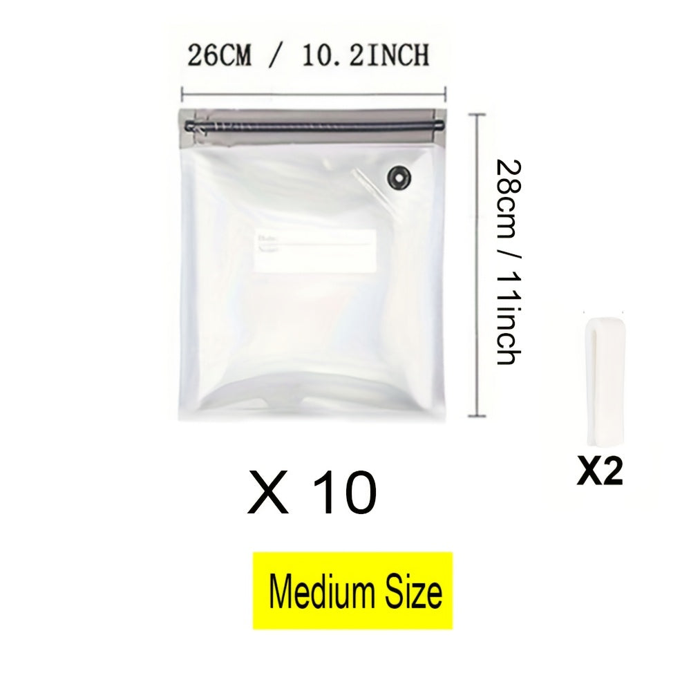 12-pack vacuum food storage bags with zipper, includes 10 bags 2 clips