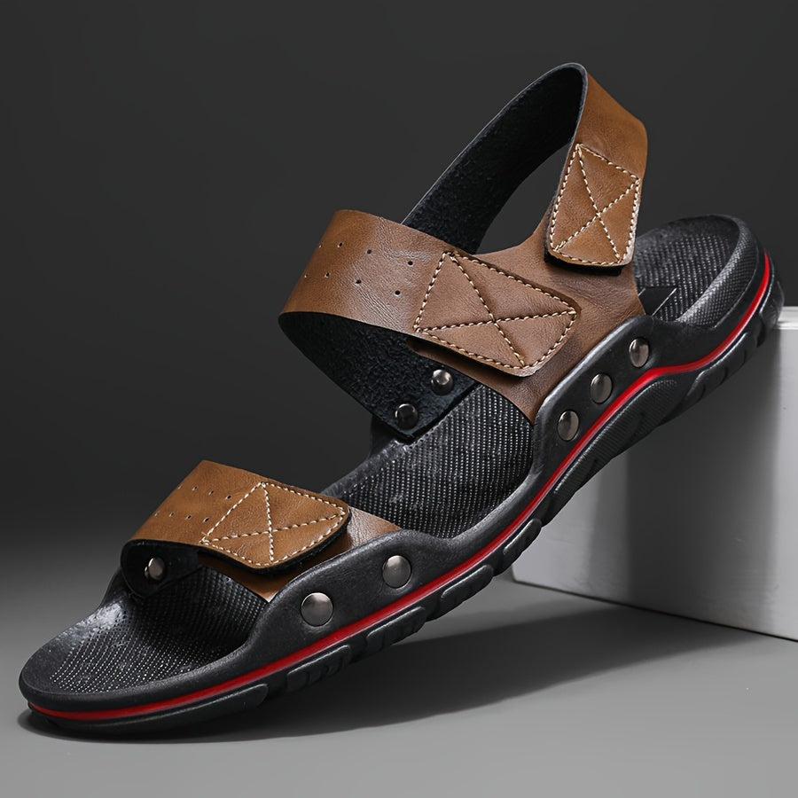 Men's Plus Size Solid Color PU Sandals with Hook-and-Loop Closure Rubber Sole