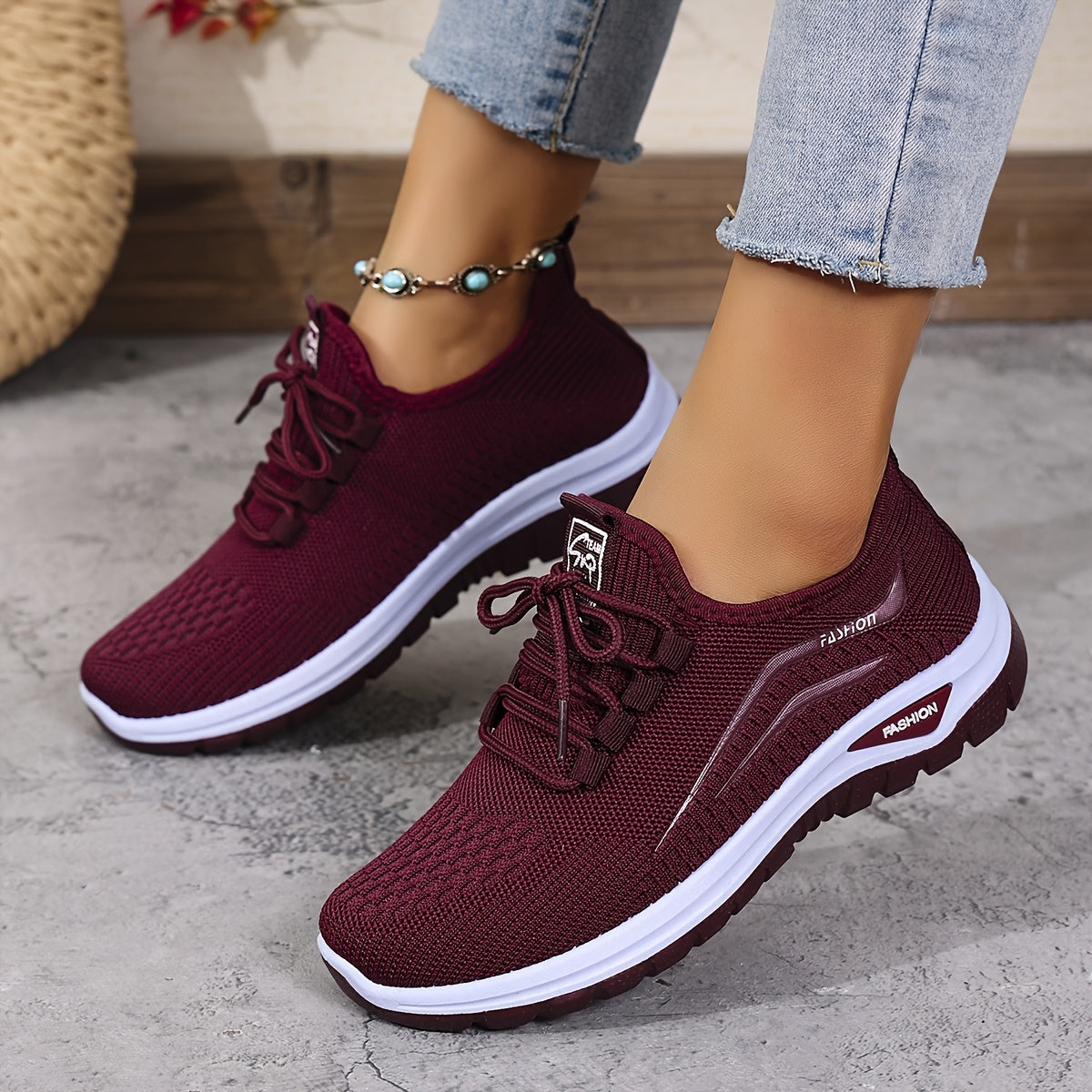 Women's Knitted Running Shoes with Lace-Up, Double-Layer Sole for Walking