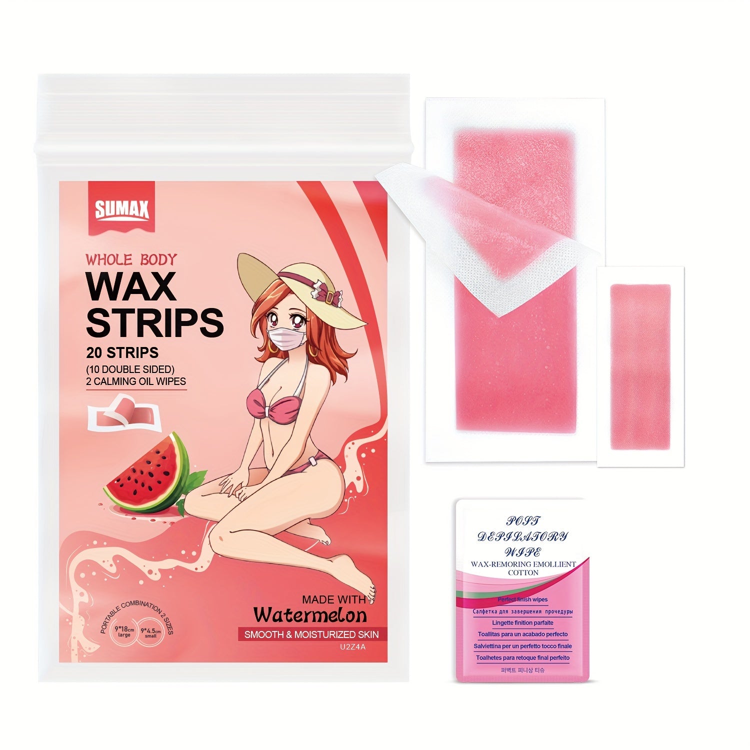 Set de tiras de cera con aroma a sandía para eliminación de vello en todo el cuerpo, tamaños grandes y pequeños con toallitas húmedas