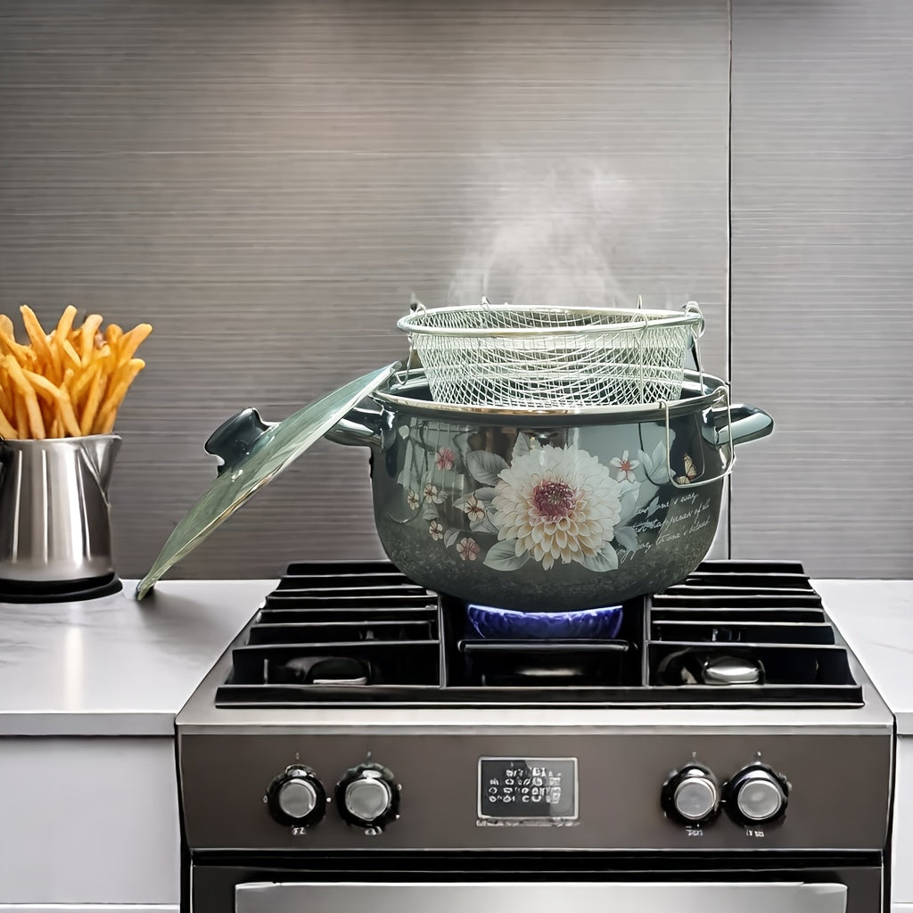 Enamel Fryer with Strainer Double-Ear Soup Pot High-Temperature Resistant for Stew and Cooking