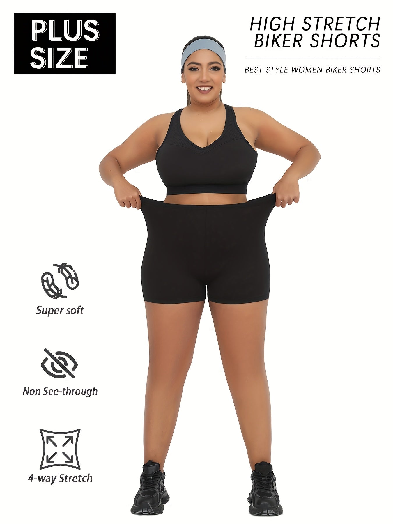 Plus Size Women's Biker Shorts Black Non-See-Through Yoga Workout 4-Way Stretch