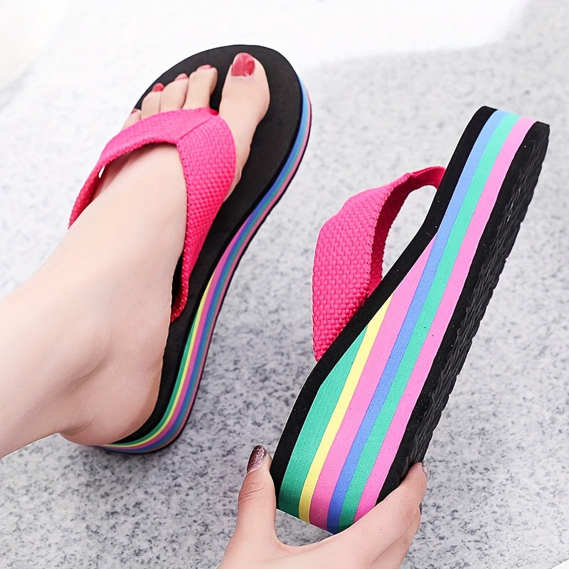 Women's Summer Flip Flops with High Heels and Rainbow Sole for Seaside Vacation