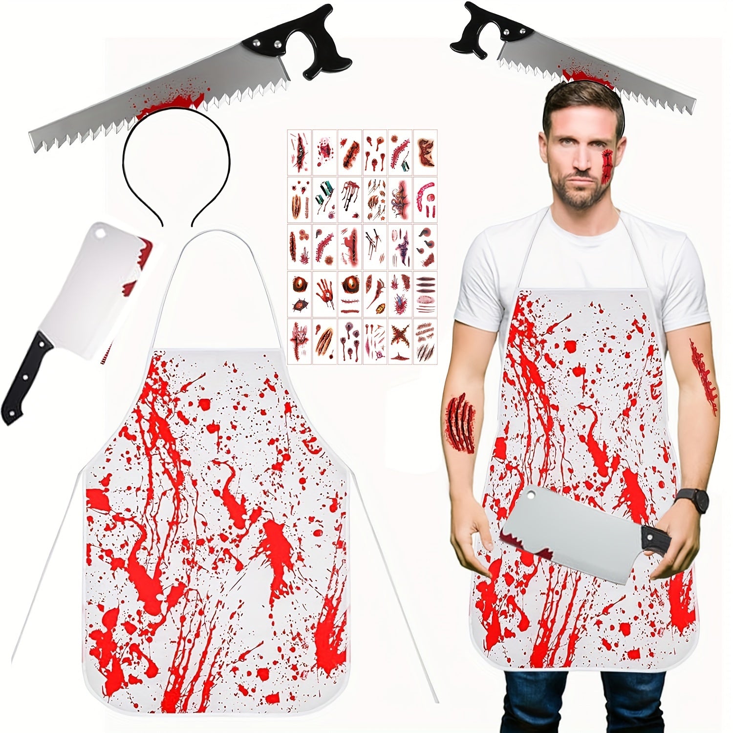 Unisex Halloween Knife Hair Band and Bloody Apron Costume Set for Adults