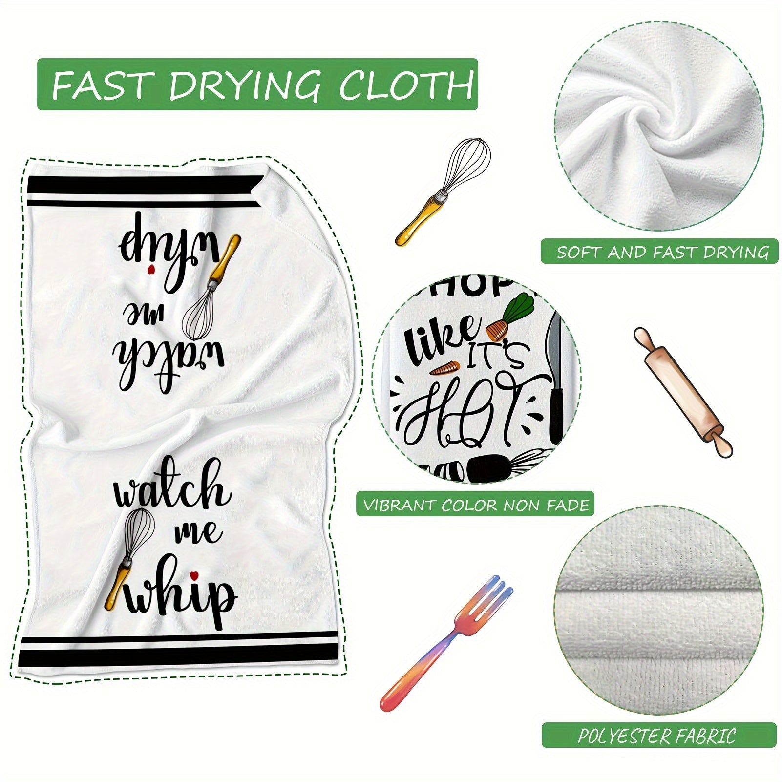 Funny Kitchen Towels Set with Sayings Egg Beater and Rolling Pin Design Absorbent Dish Drying Towels for Cooking and Baking