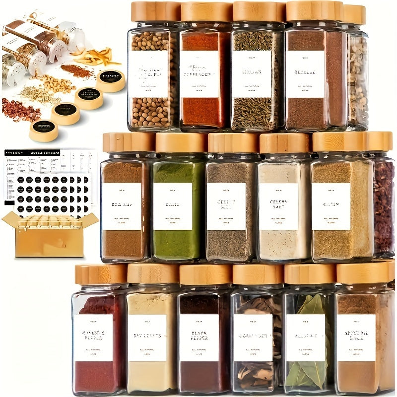 Set of 12 or 24 Glass Spice Bottles with Labels, Airtight Bamboo Lids