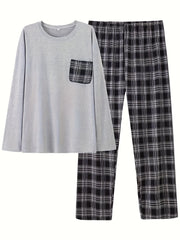 Men's Sleepwear Set Long Sleeve Crew Neck Top and Plaid Pants All-Season Knit Polyester Spandex