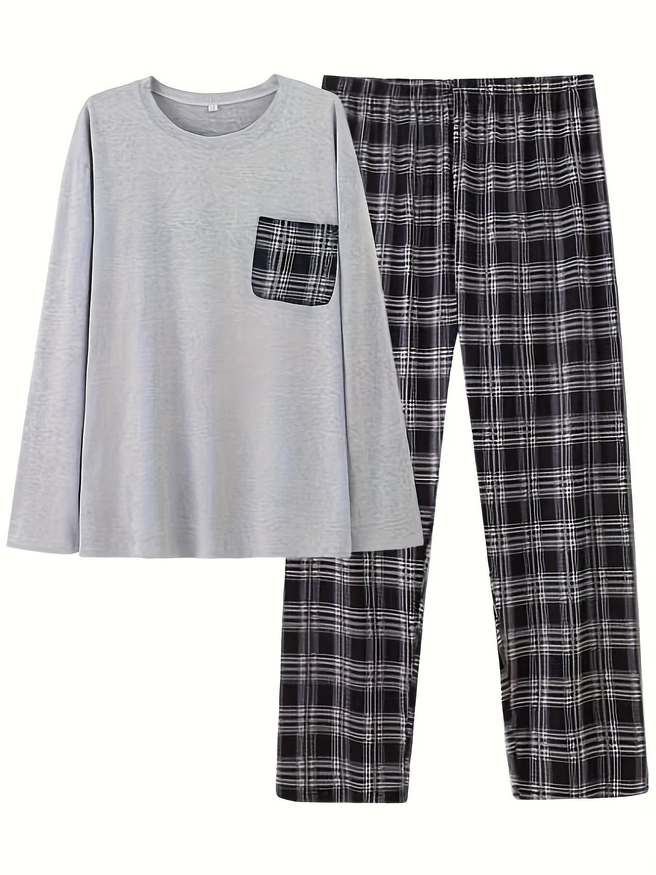 Men's Sleepwear Set Long Sleeve Crew Neck Top and Plaid Pants All-Season Knit Polyester Spandex