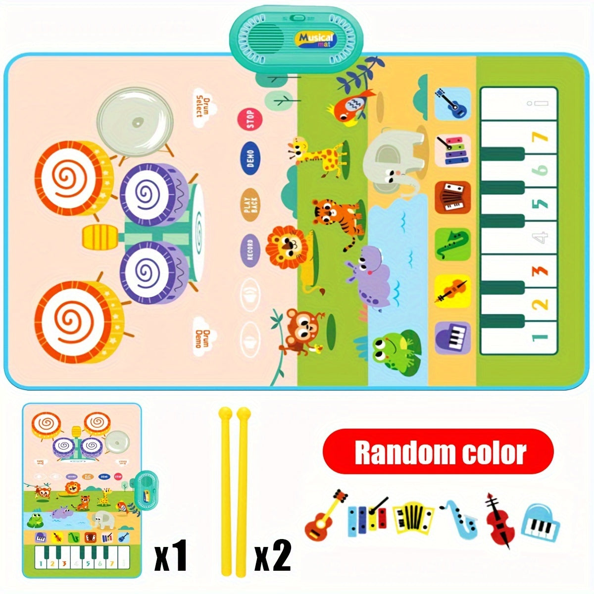 Alfombra de juego musical interactiva y set de batería para niños con sonido colorido e instrumentos duales