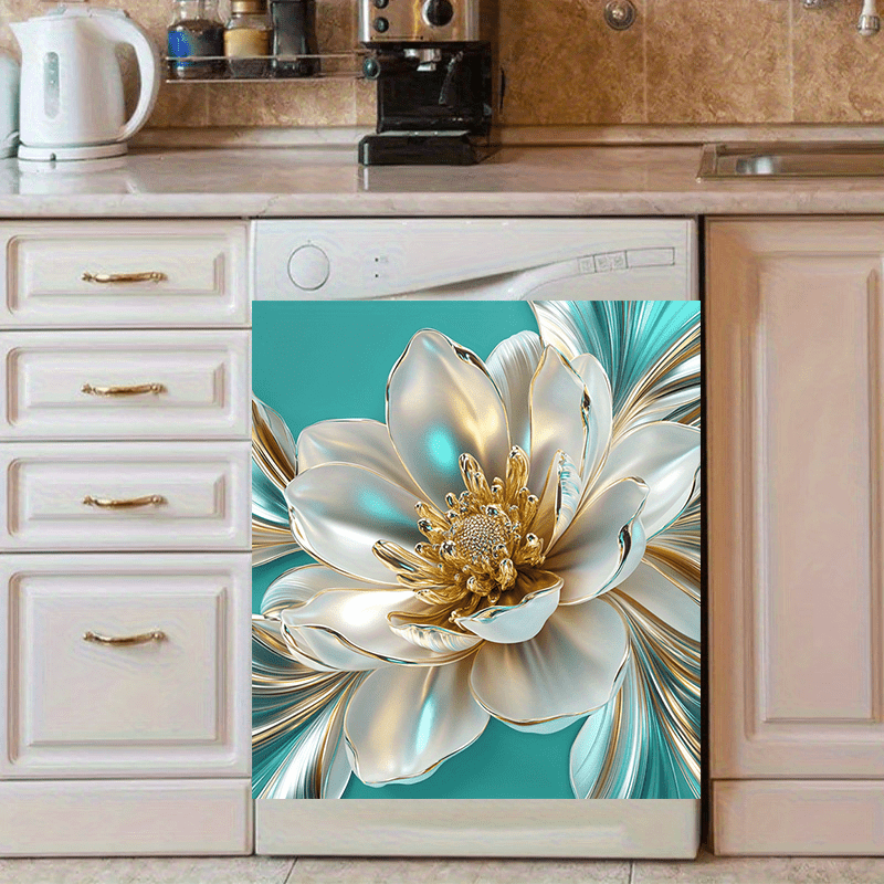 Pearl and Gold Embossed Flower Dishwasher Magnet 2D Luxury Design Magnetic Oilproof Panel Modern Kitchen Decor