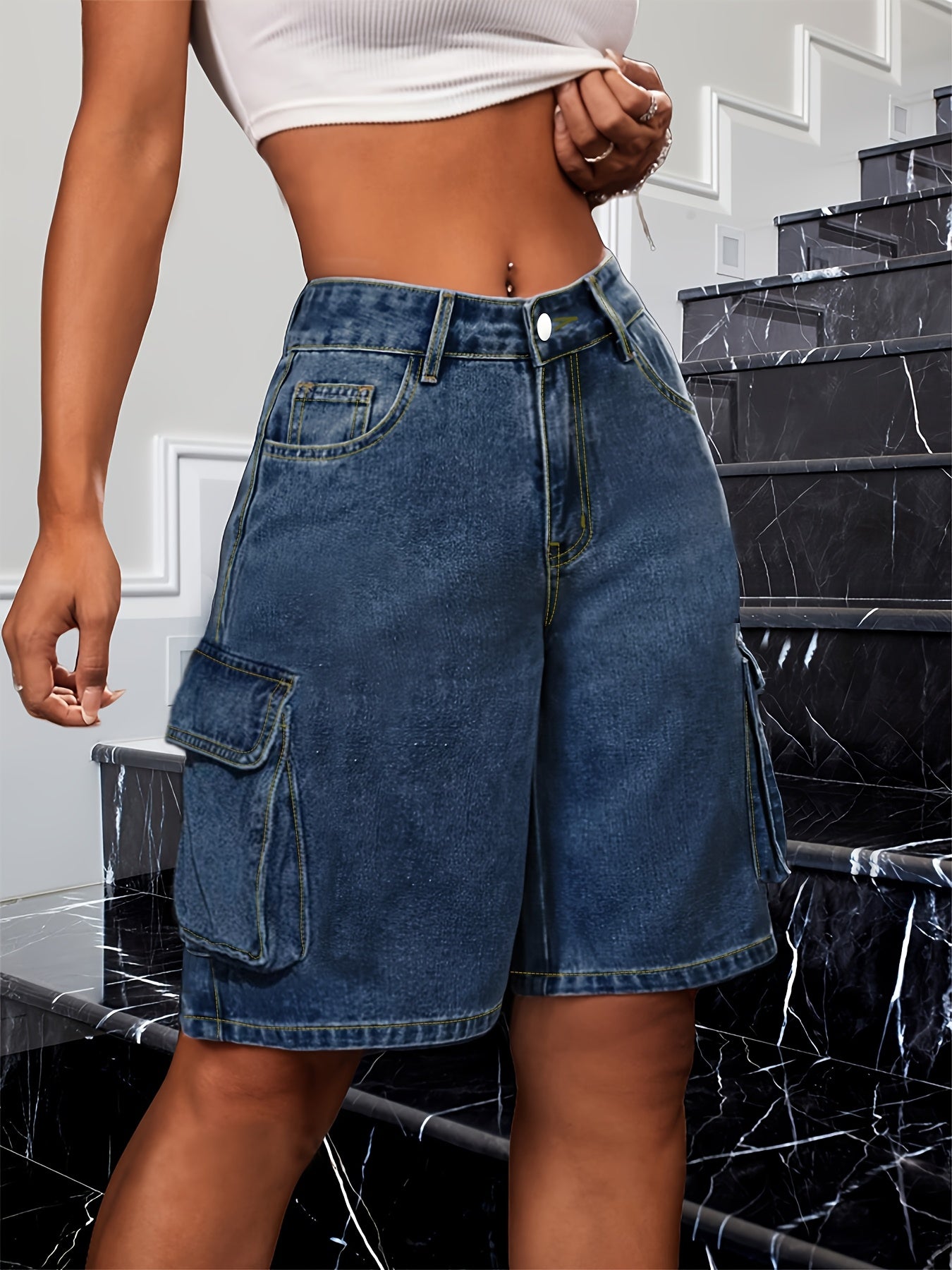 Shorts de mezclilla para mujer casuales hasta la rodilla estilo retro Bermuda