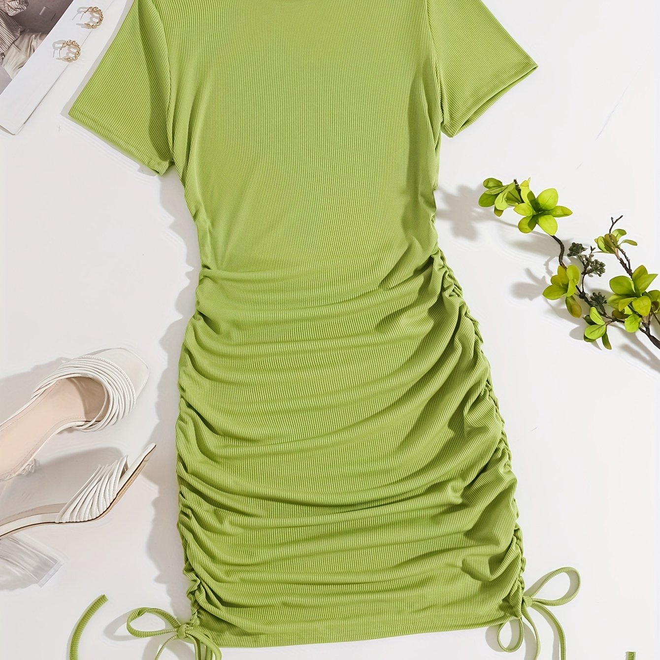 Women's Black Bodycon Dress with Ruching Short Sleeves and Flamingo Print