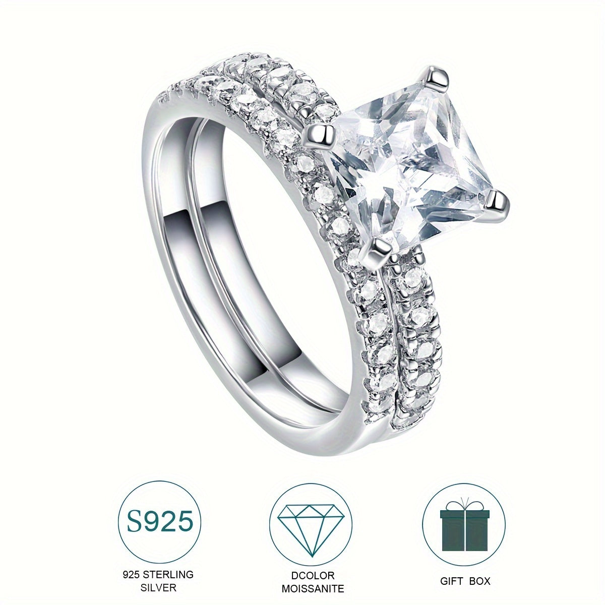 Sterling Silver 1ct Moissanite Square Stacking Ring for Women Engagement Proposal Wedding