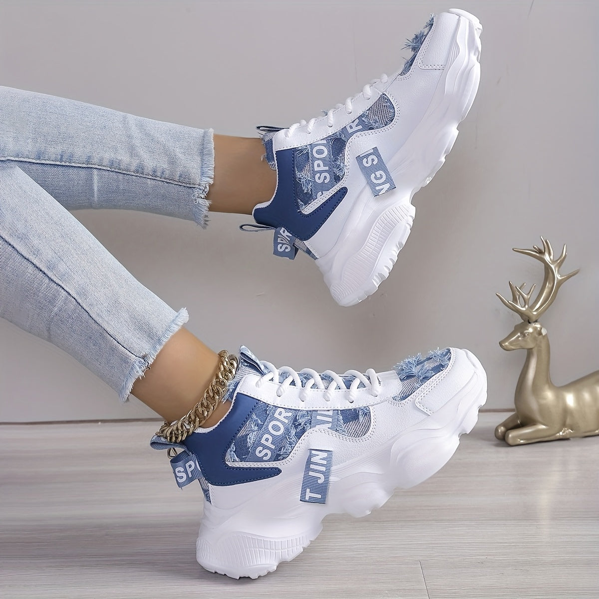 Women's High-Top Sneakers Breathable EVA Sole Casual Shoes Blue and White