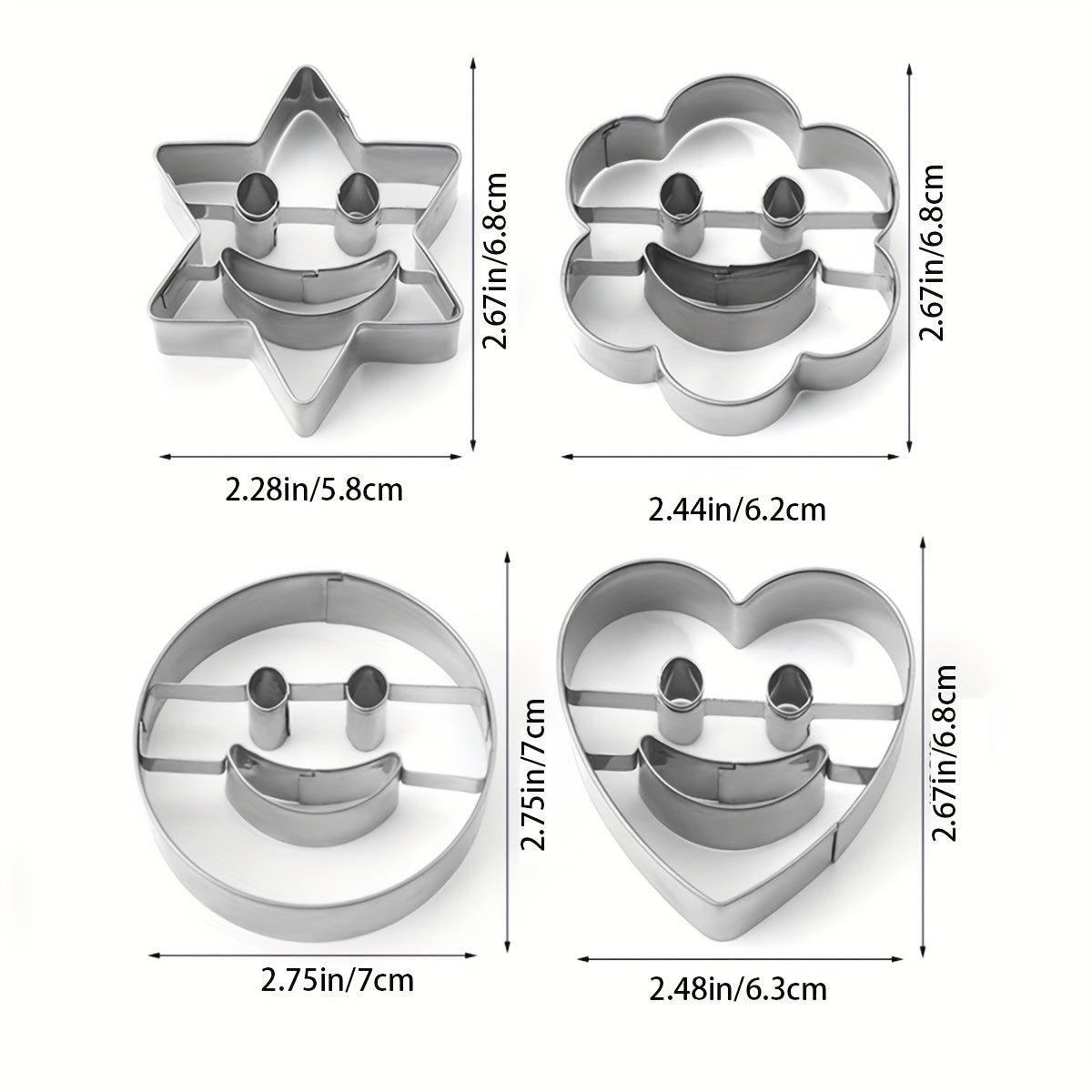 Set of 4 Stainless Steel Cookie Cutters Happy Face and Holiday Shapes for Baking