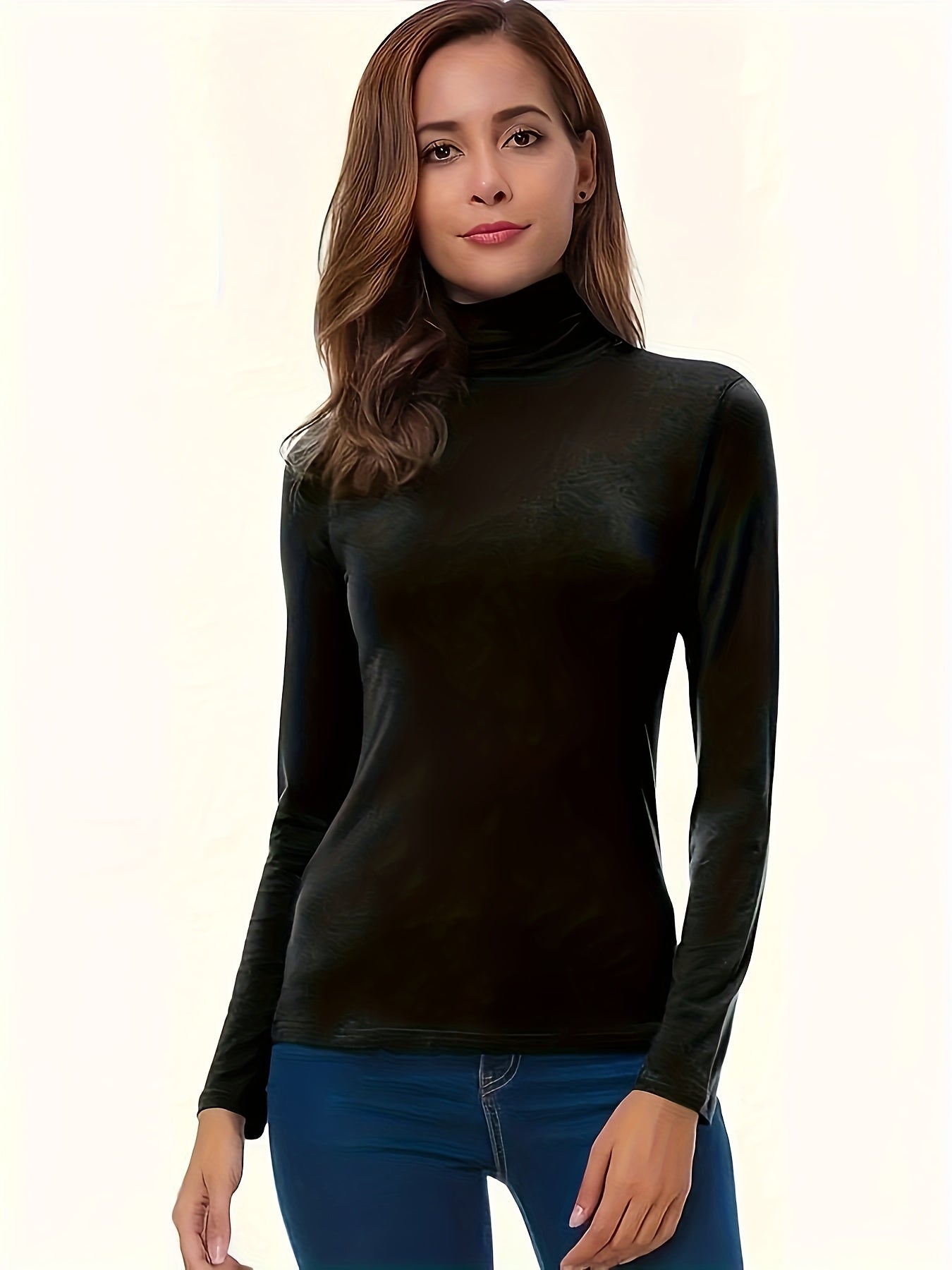 Plus Size Women Solid Color High Neck T-Shirt Long Sleeve Casual Top