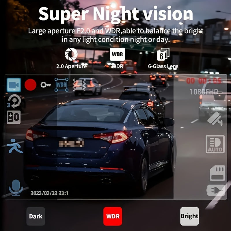 Cámara de tablero para coche de 3 canales 1080P con visión nocturna, grabación en bucle, pantalla de 5.08cm