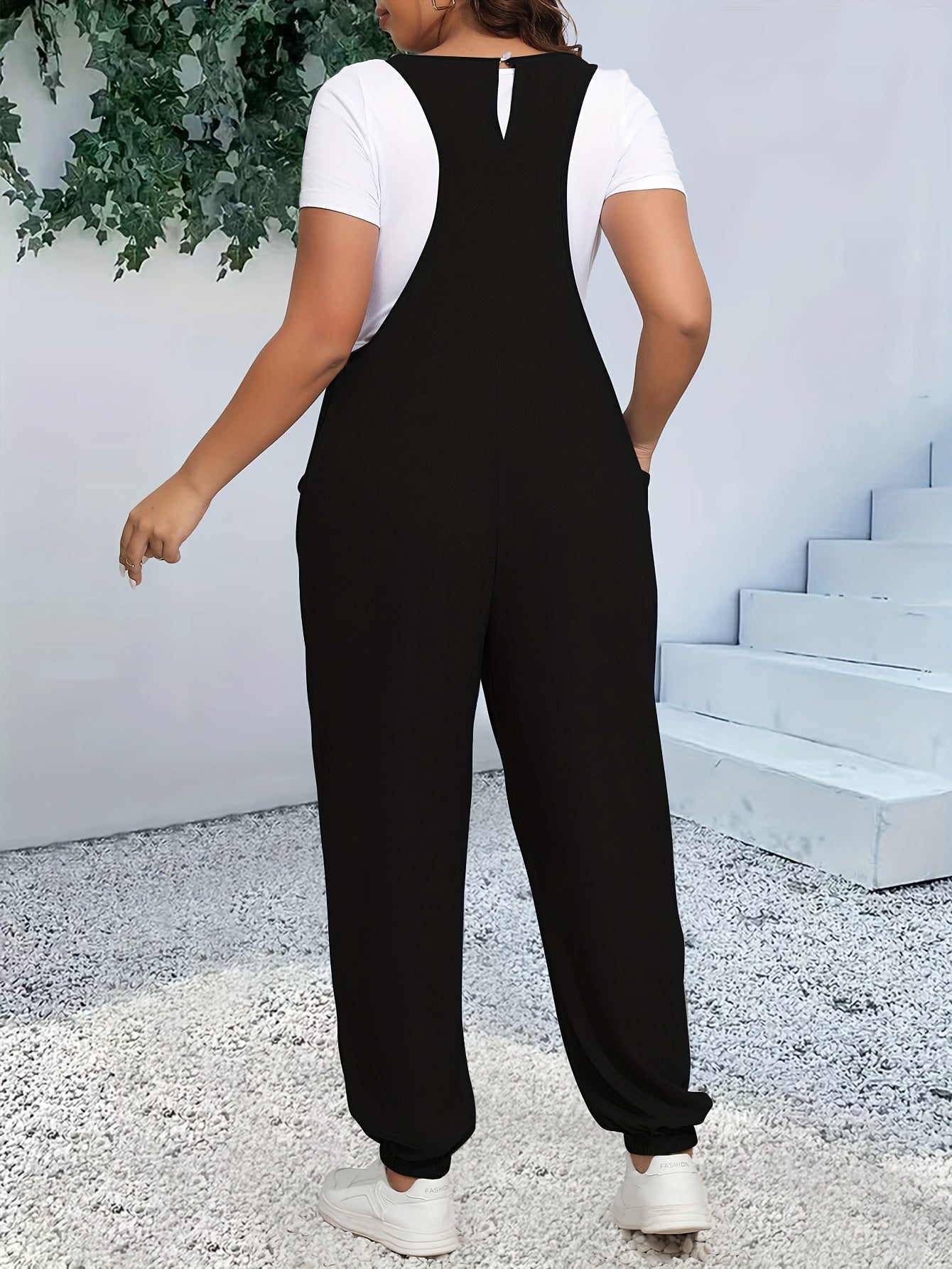 Plus Size Casual V-Neck Jumpsuit with Pockets Polyester Knit Spring Summer Fall