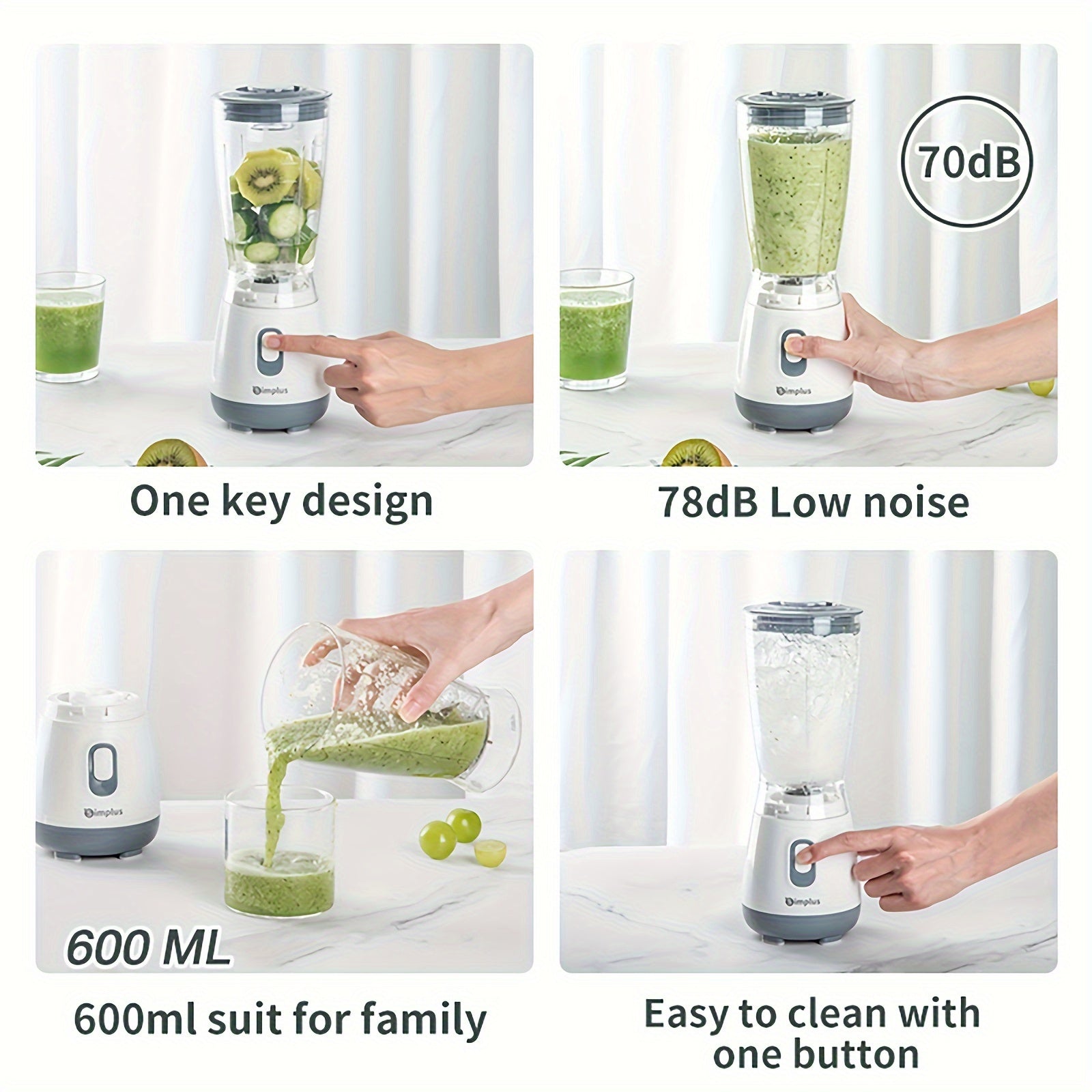 600ml Plastic Blender with Auto Clean Non-Slip Base Push Button 220V
