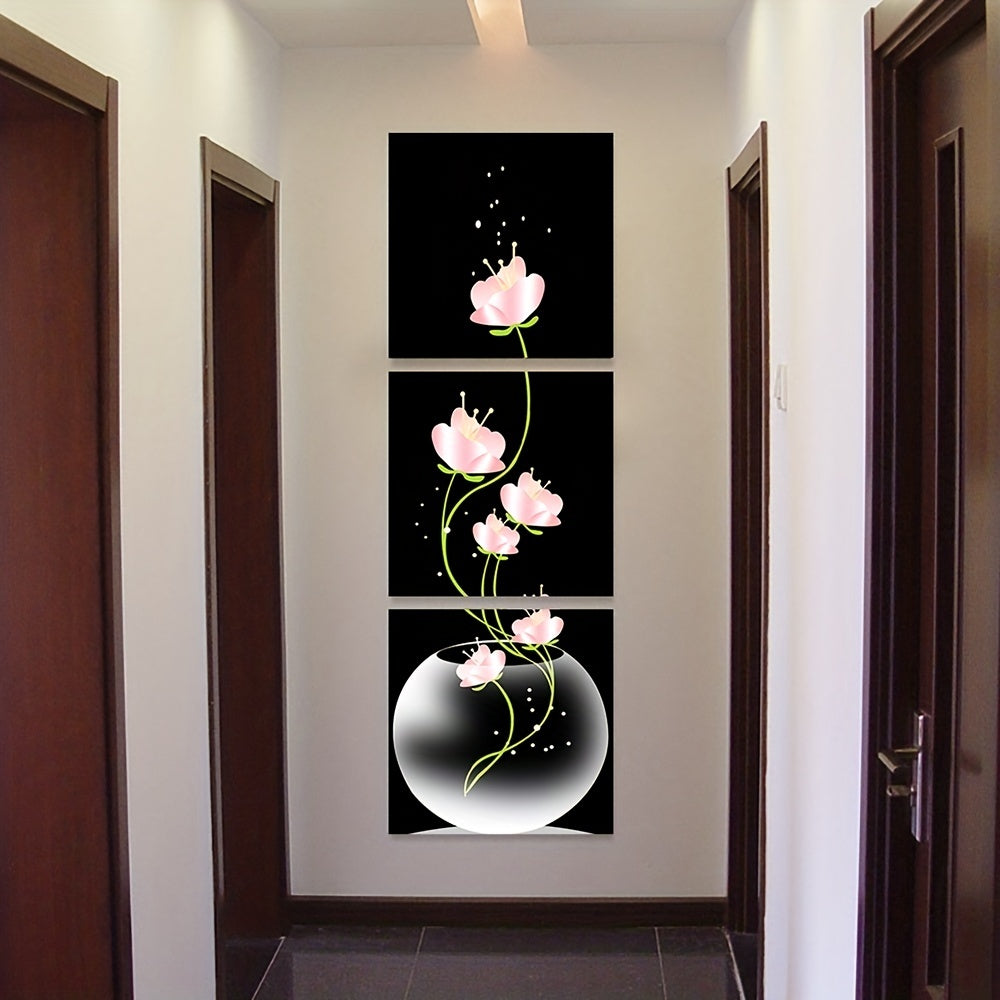 Set of 3 Pink Flower Canvas Wall Art Framesless Floral Landscape Minimalist Decor