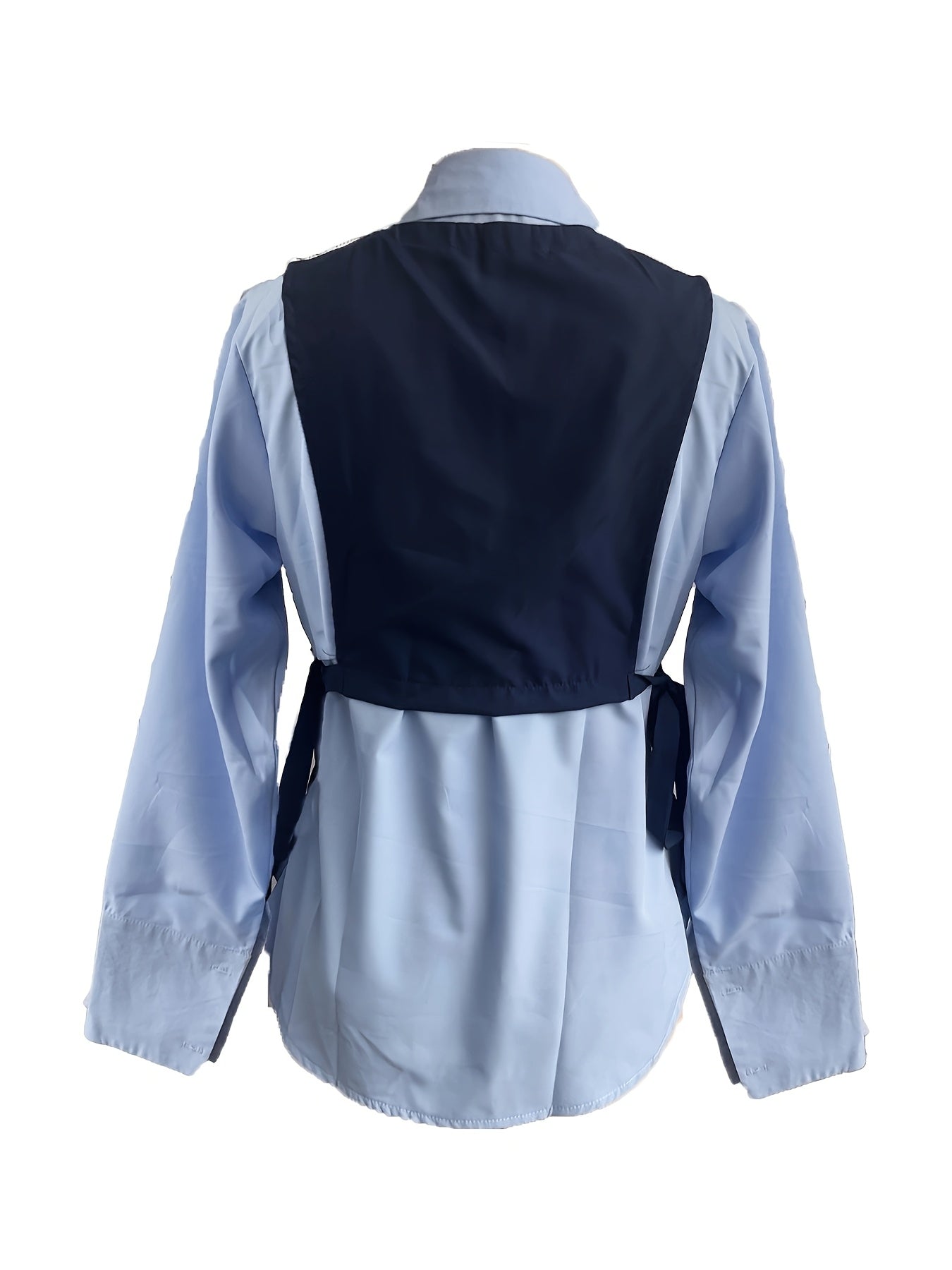 Conjunto de camisa y top sin mangas de poliéster para mujer con bloques de color, cuello y detalle de lazo