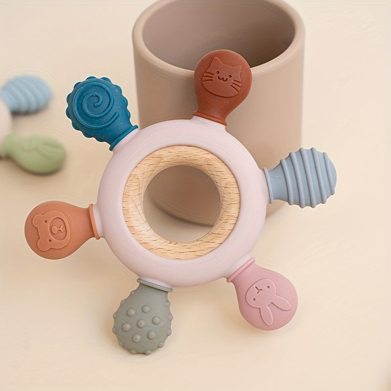 Baby Teether Silicone Rudder Shape with Wooden Ring BPA Free for Newborns