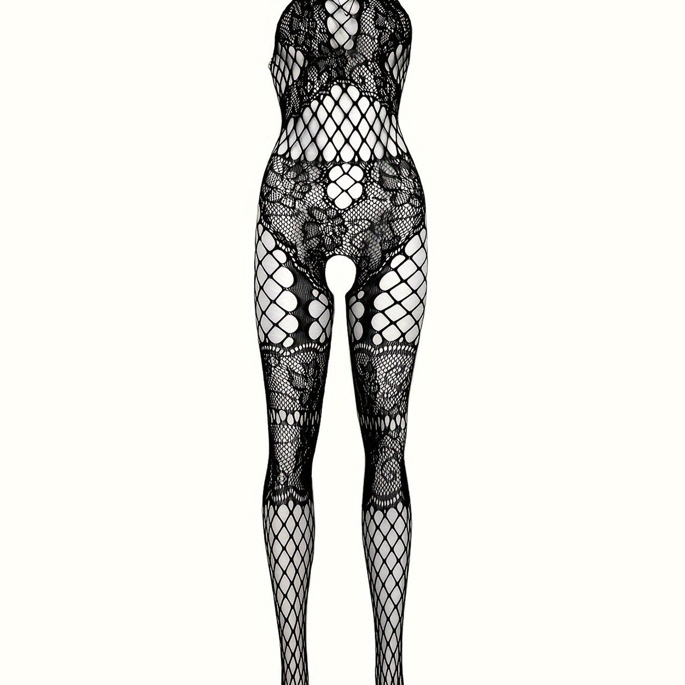 Women's Fishnet Bodysuit with Crotchless Floral Jacquard Halter Backless Style