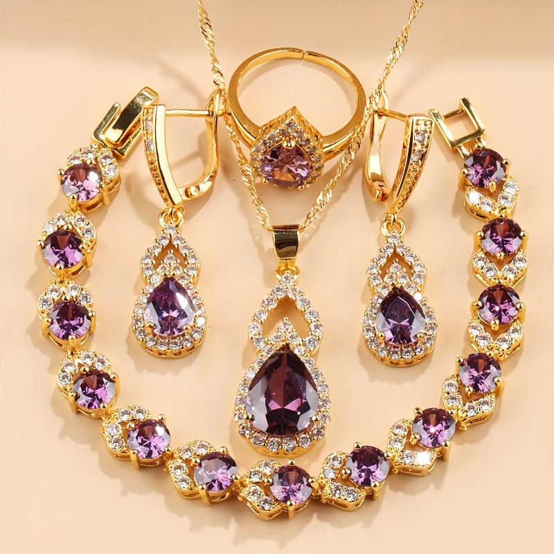 5-Piece Jewelry Set Teardrop Earrings Pendant Bracelet Ring Necklace Gold Plated Copper Gift for Her