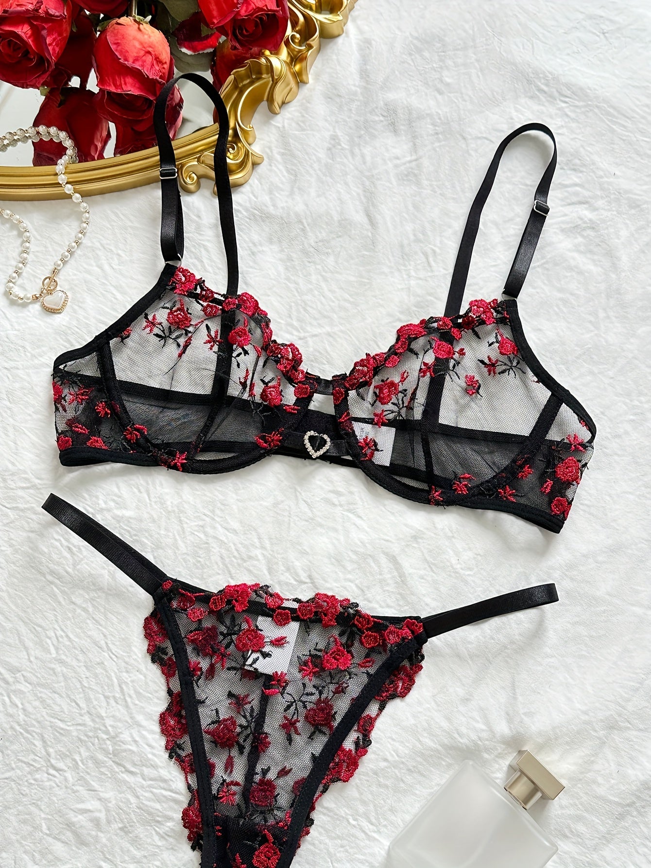 Women's Floral Embroidery Lingerie Set with Unlined Bra and Mesh Thong