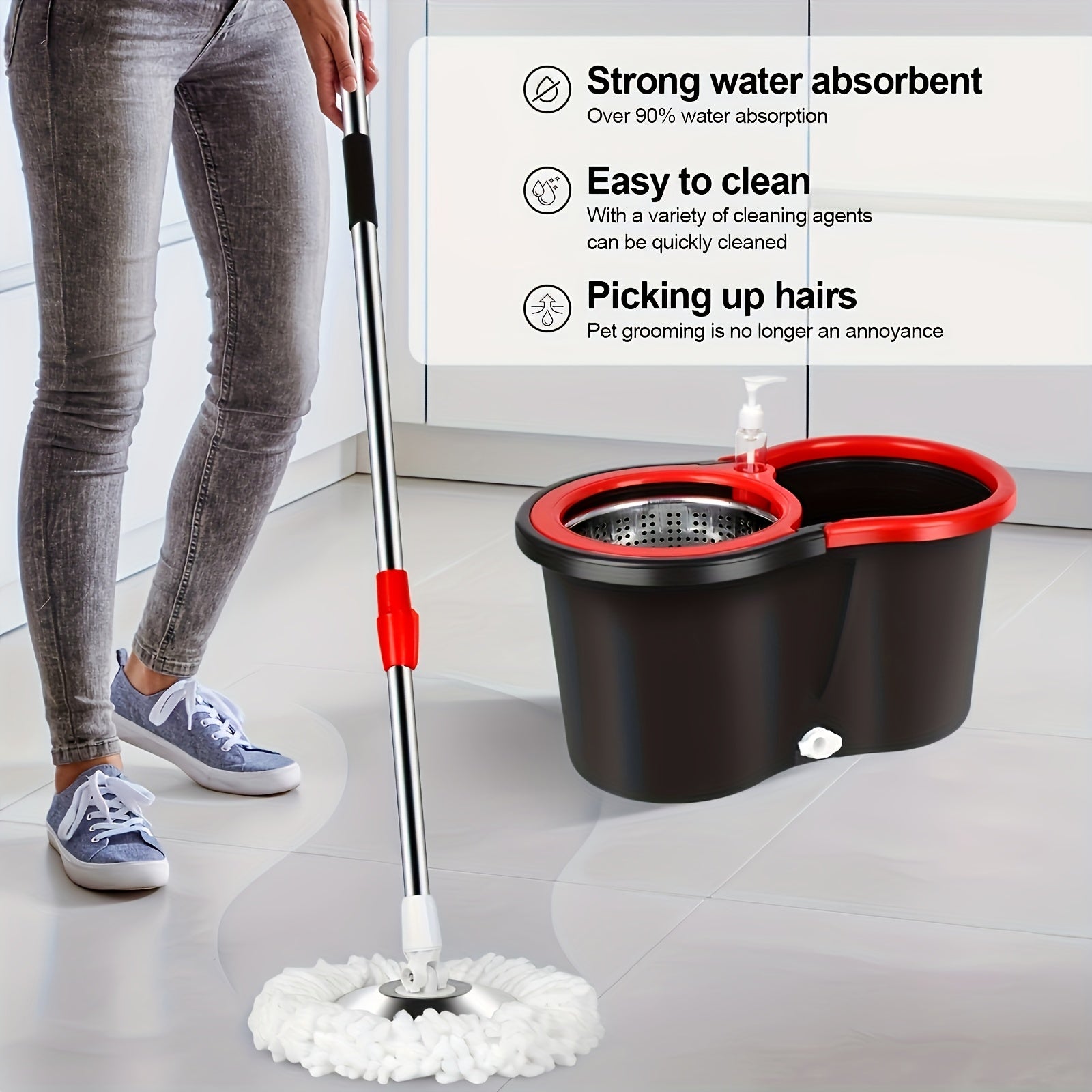 360° Rotating Mop and Bucket Set with Microfiber Heads and Adjustable Handle