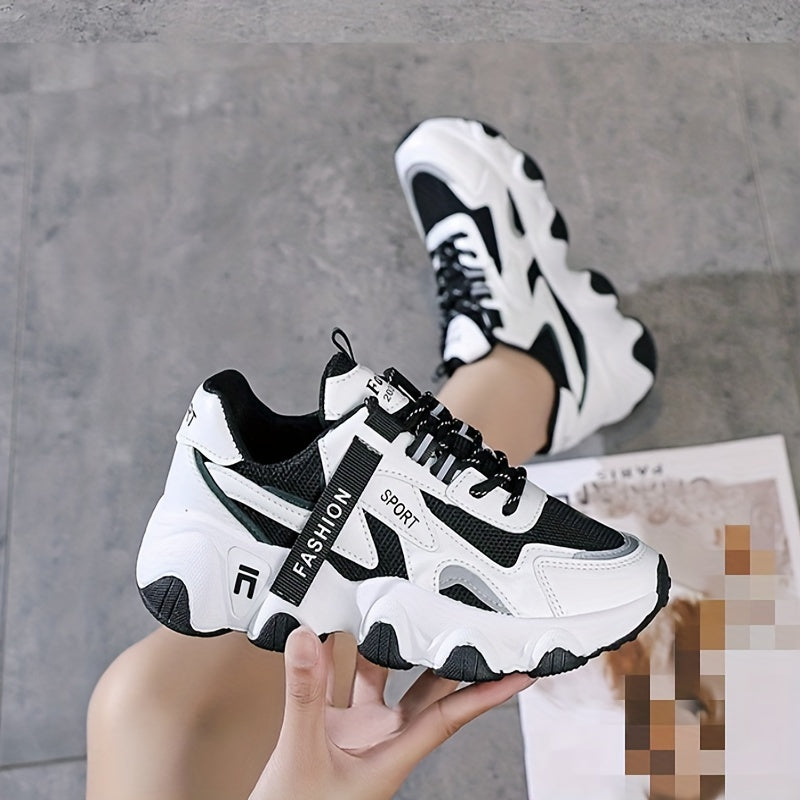 Women's Breathable Mesh Athletic Sneakers White Purple Low Top Lace-Up Thick Sole Sporty Design