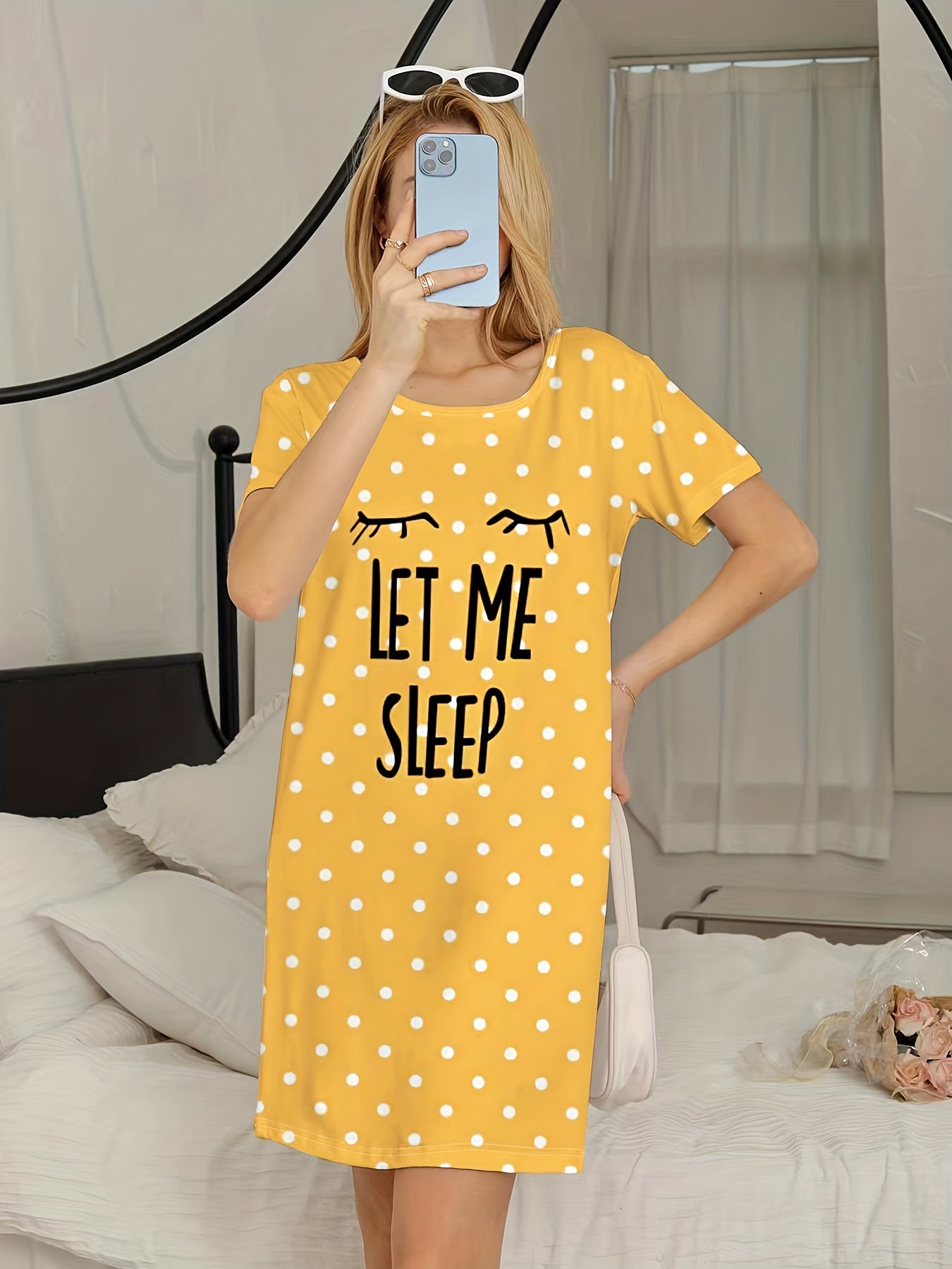 Pink Polka Dot Women's Nightgown Short Sleeve Round Neck Summer Sleep Dress Polyester Elastane