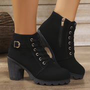 Women's Faux Leather Chunky Platform Ankle Boots with Side Zipper Black