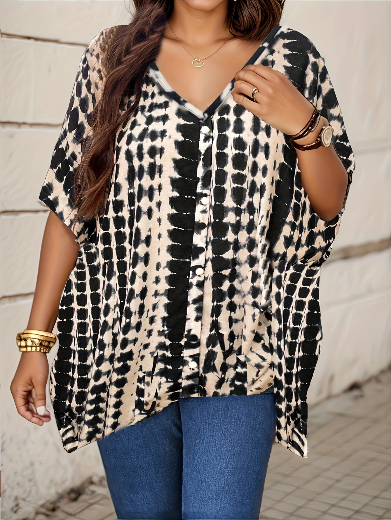 Women Plus Size V-Neck Casual Blouse Non-Stretch Fabric All Seasons