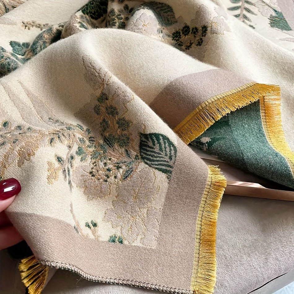 Women's Autumn Winter Windproof Blanket Scarf Double-Sided Jacquard Pattern Soft Warm Fringe Shawl