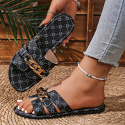 Women's Black White Floral Flat Sandals Open-Toe Beach Footwear