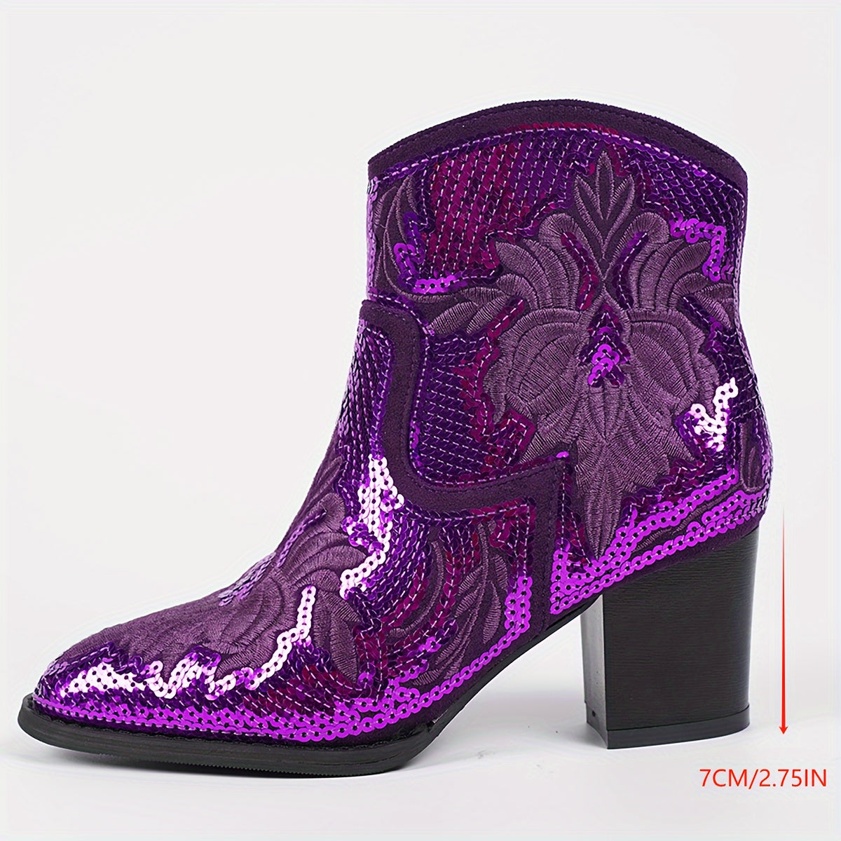 Women's Velvet Block Heel Ankle Boots with Floral Design for Dressy Occasions