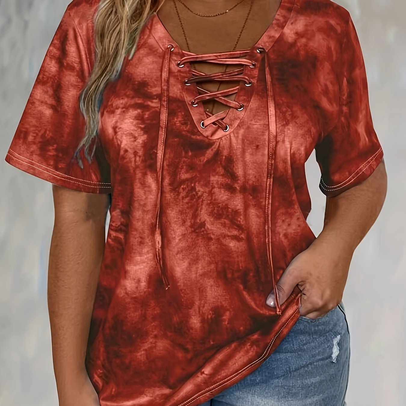 Plus Size Tie Dye Print Women's T-Shirt with Drape Neck and Short Sleeves