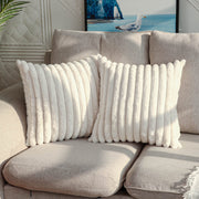 2 Pack Faux Fur Plush Decorative Throw Pillow Covers Cream White Striped for Sofa Couch Bedroom