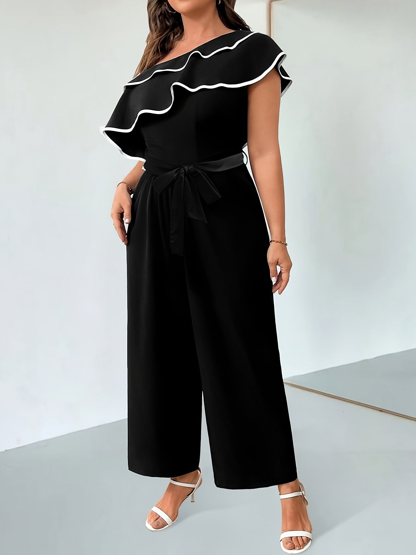 Women's Black Off-Shoulder Ruffle Jumpsuit with Waist Tie and Wide Legs