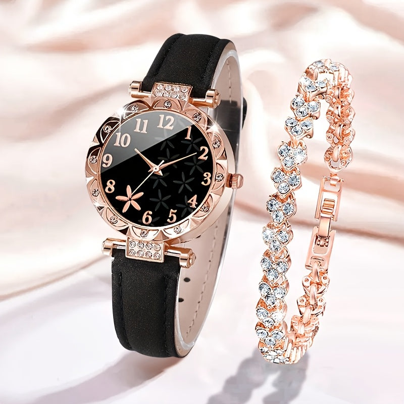 Women's Quartz Watch and Bracelet Set with Faux Leather Strap and Round Zinc Alloy Case