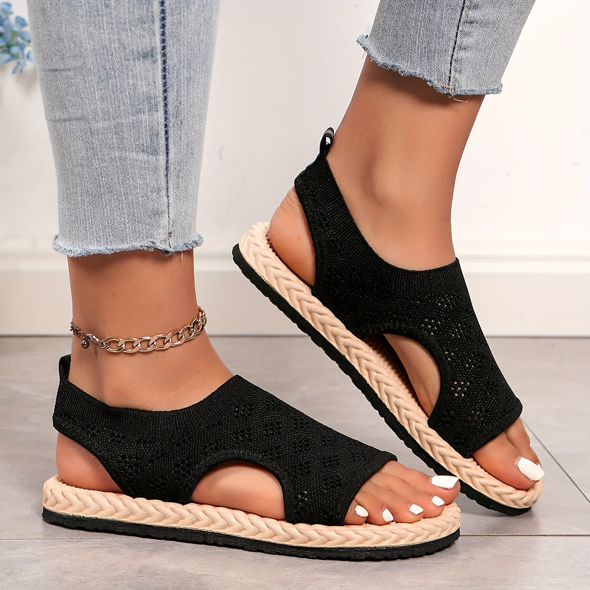 Women's Knit Slip-On Sandals Soft Sole Non-Slip Beach Shoes