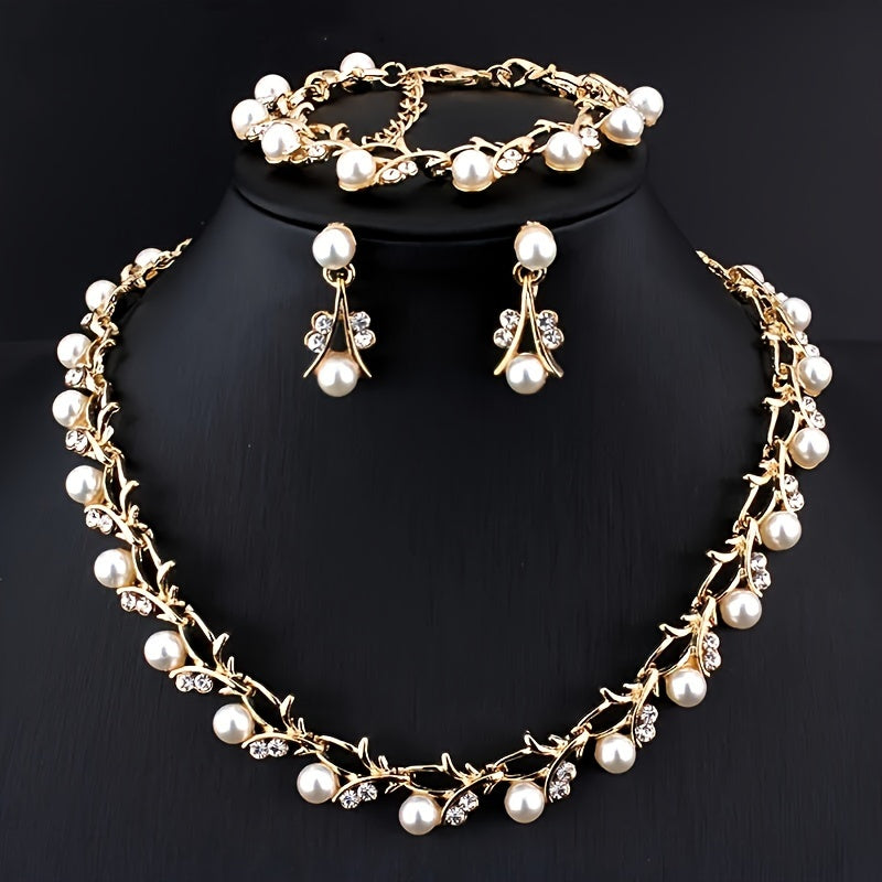 Women’s Gold-Plated Jewelry Set with Imitation Pearls Necklace and Earrings